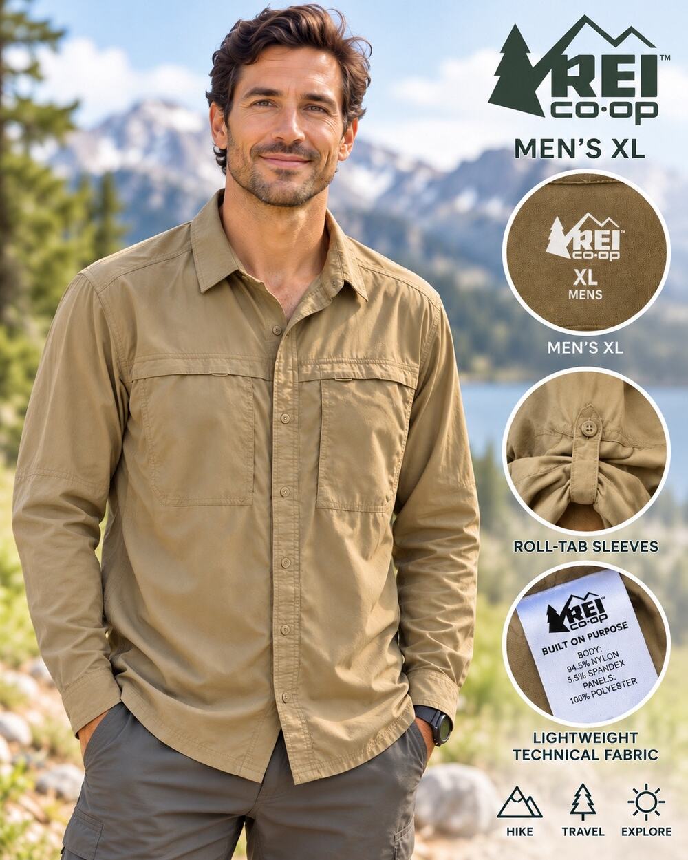 REI Men’s XL Tan Brown Long Sleeve Button Down Nylon Outdoor Hiking Shirt